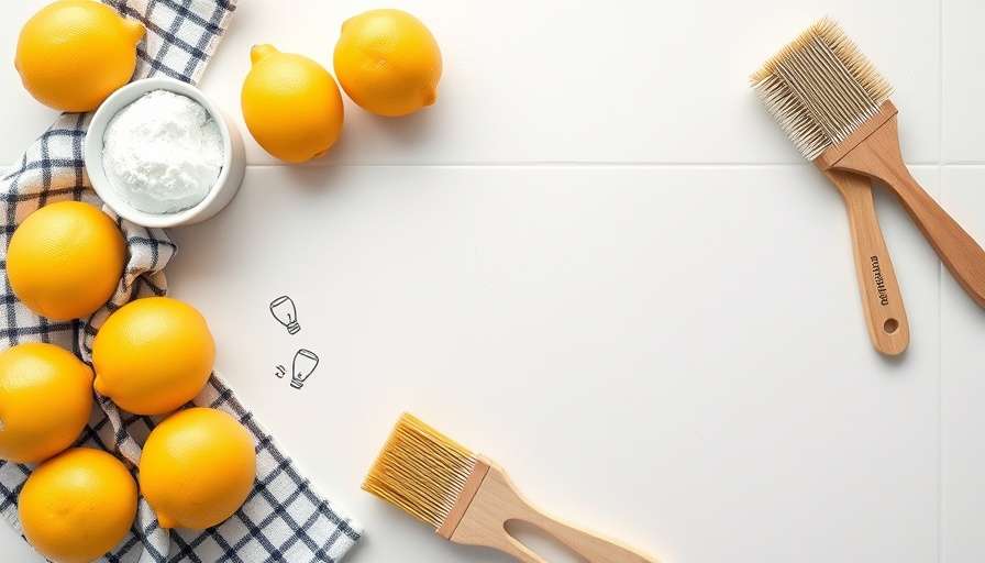 Cleaning with vinegar and baking soda display with lemons and brushes.