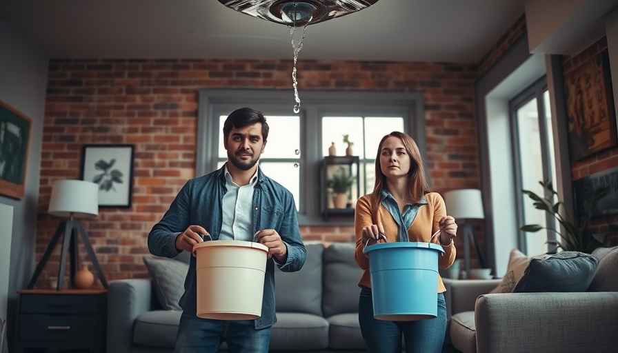 Couple managing water leak with buckets in modern apartment.