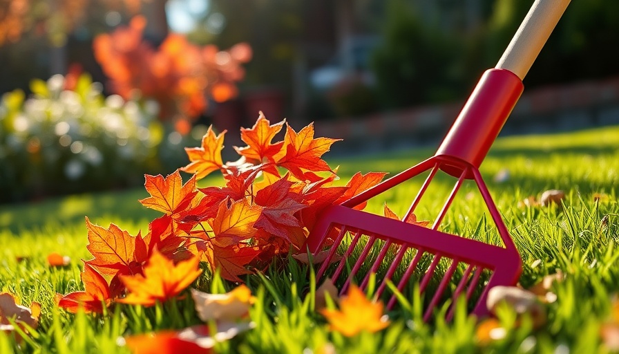 Autumn leaves and red rake on lawn, highlighting benefits of leaving leaves.