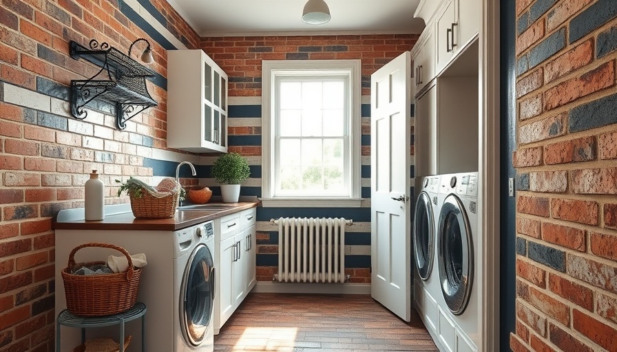 Laundry room with brick flooring installation tips, navy stripes, bright.