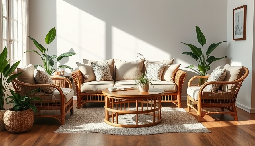 High-end home features stylish modern living room with rattan furniture and greenery.