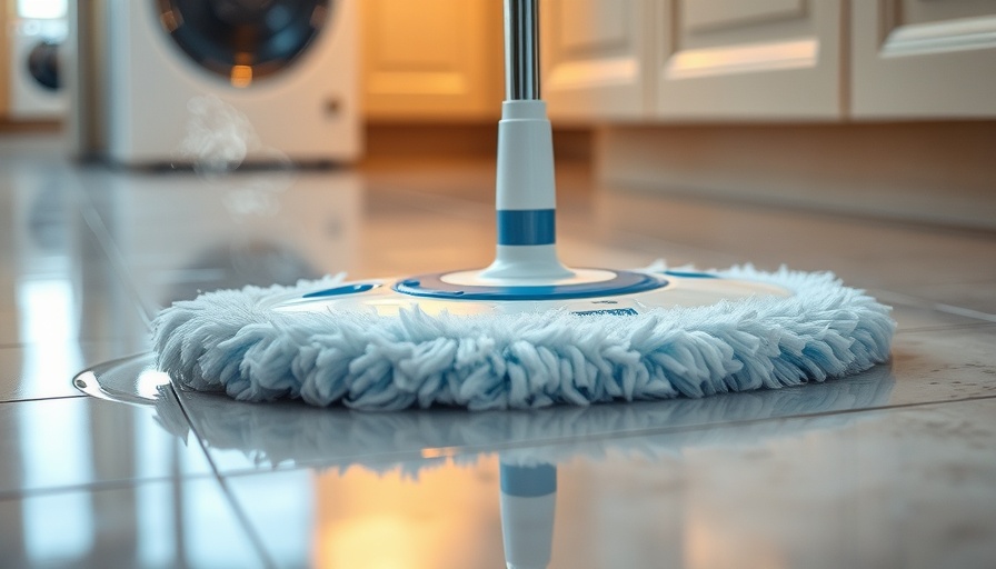 Steam mop on tile floor with visible spill.