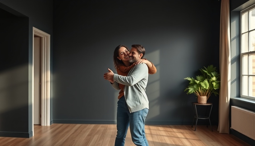 Happy couple in empty room, symbolizing moving into a new home.
