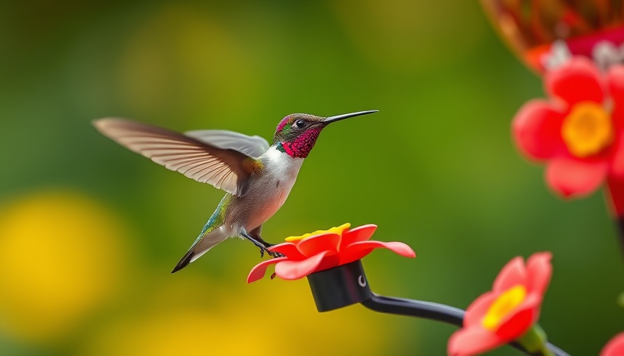 Hummingbird approaching vibrant feeder in natural setting.