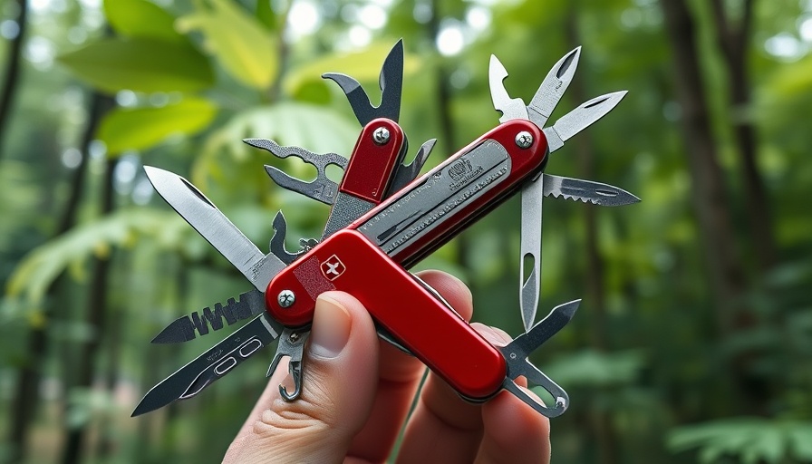 Swiss Army Knife with tools in lush forest setting.
