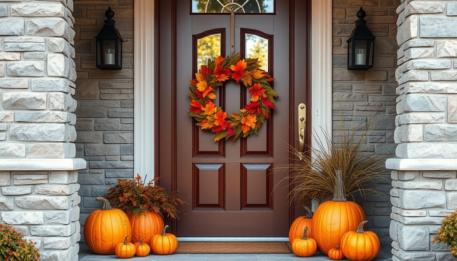 Front door decorated with pumpkins and fall wreath for autumn.