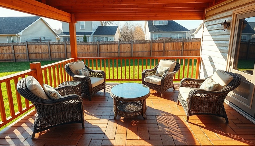Wooden deck with wicker furniture in suburban backyard, DIY Deck Inspection and Resurfacing.
