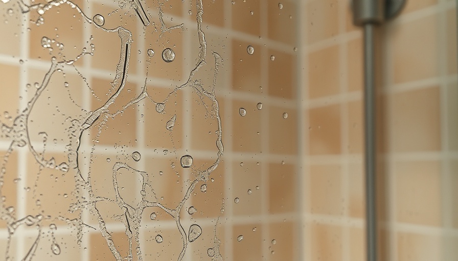 Close-up of glass door with hard water stains in a shower stall.