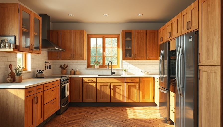 Bright kitchen with oak cabinets and central table.