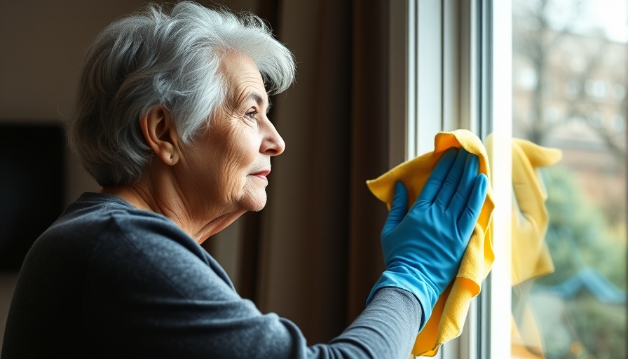 Focused elderly woman performing window cleaning as part of end-of-lease cleaning checklist.