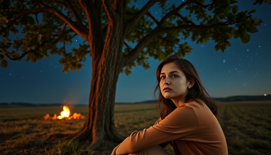 Let It Be Instead of Revenge: Woman under tree with distant fire.