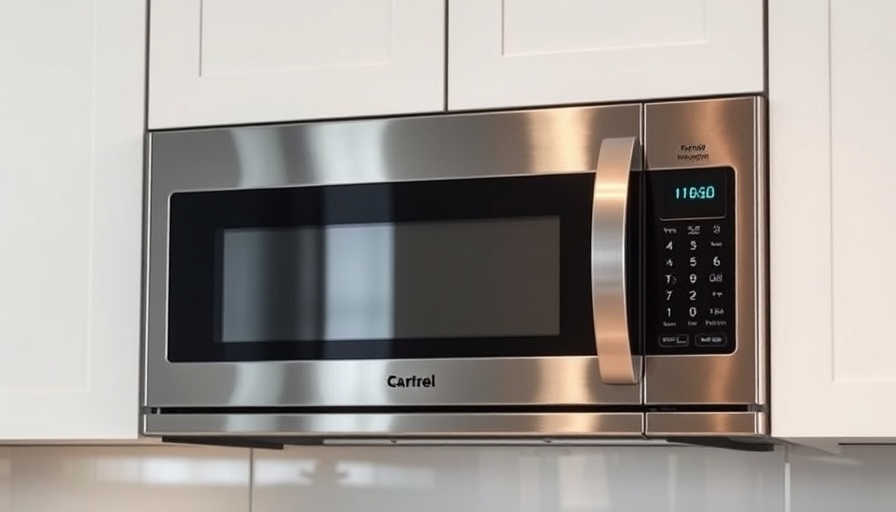 Stainless steel microwave with digital panel in modern kitchen.