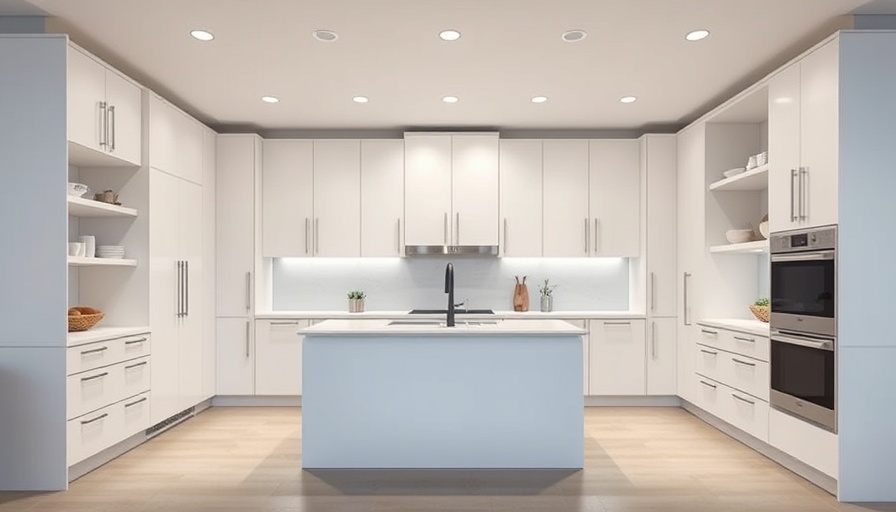 Modern kitchen with built-in storage solutions, featuring white cabinetry.