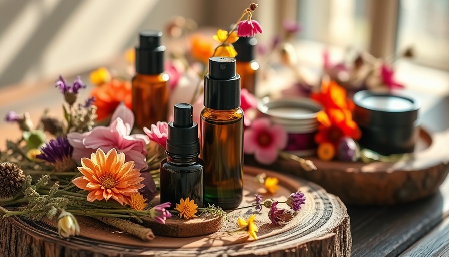 Herbal adornment products with vibrant dried flowers in rustic setting.