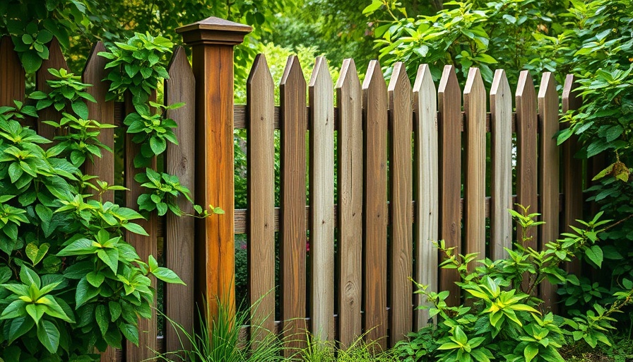 Weathered fence with lush greenery in backyard setting.