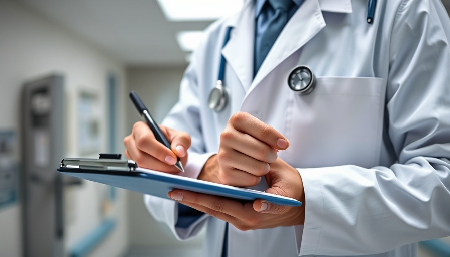Doctor writing on a clipboard in a professional medical setting in California.