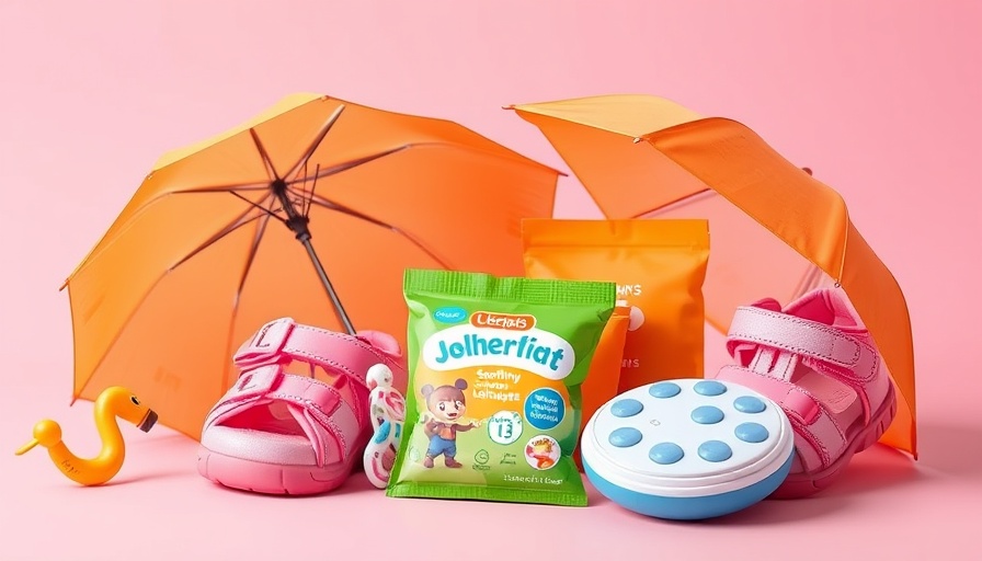 Assortment of Amazon finds for parents: umbrella, sandals, lozenges, device.