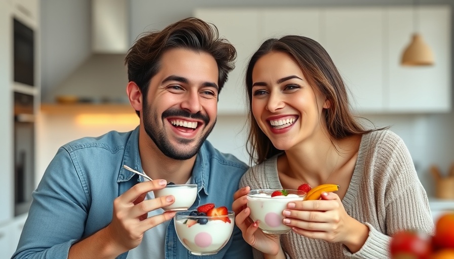 Cheerful couple enjoying healthy yogurt for immune system and psoriasis management.