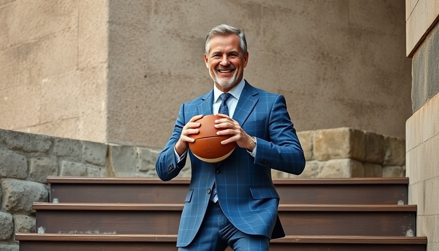 Middle-aged man in blue suit holding a football on steps.