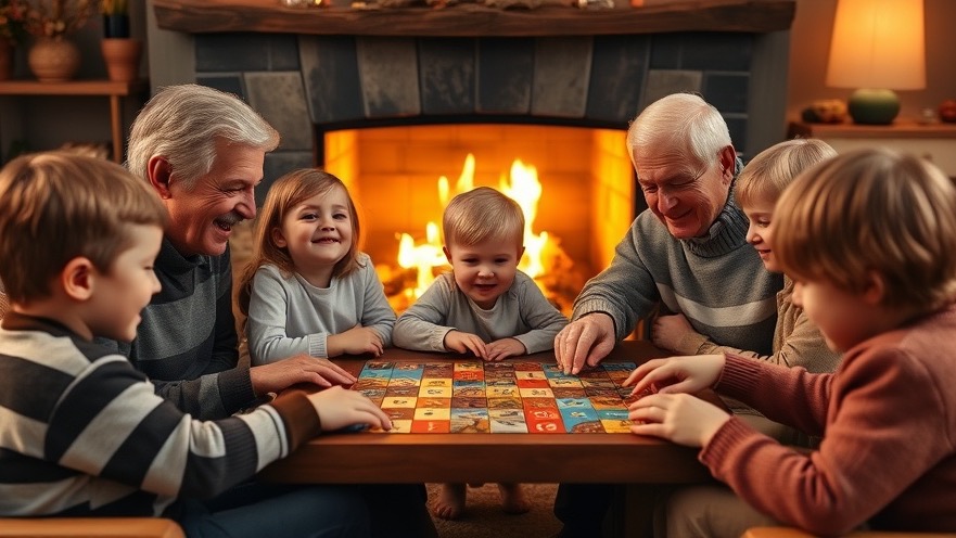 Family travel adventures: children and grandparents playing games by a cozy fireplace.