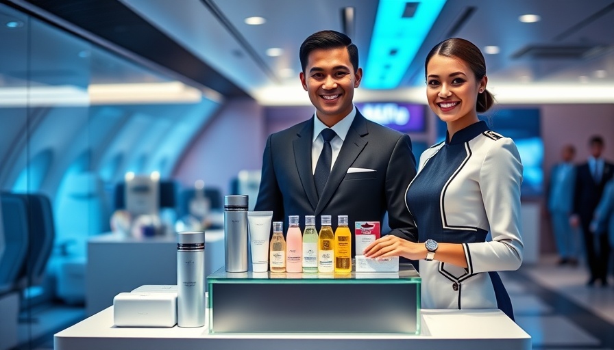 Airline crew members present travel amenities in a modern showroom for travel news.