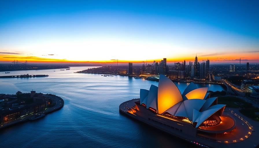 Vibrant aerial view of Sydney Opera House at sunrise, Australia graduate studies 2025.