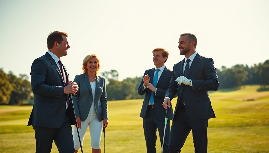 Corporate professionals networking through golf on a sunny day.