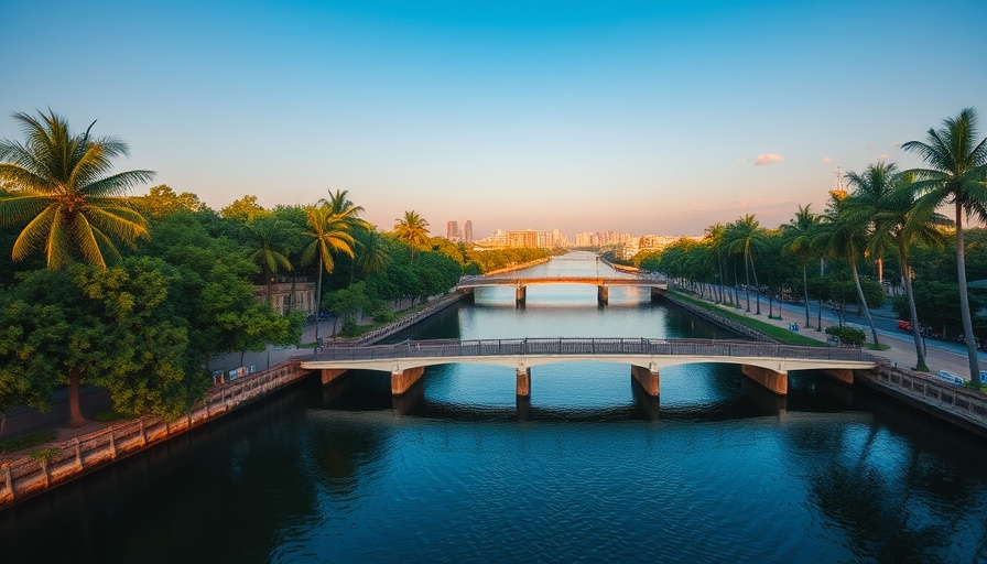 Peaceful cityscape with river and bridges for choosing travel destinations.