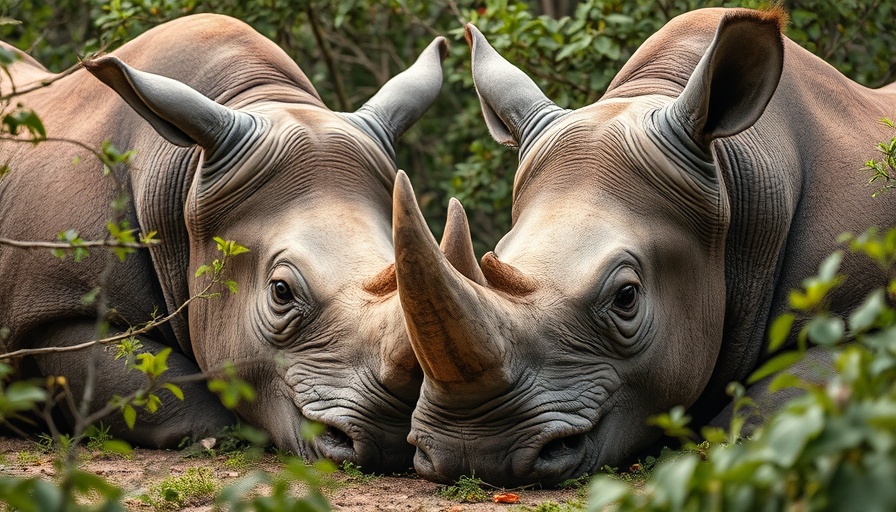 Relaxed rhinoceroses resting in lush green, destination guide.