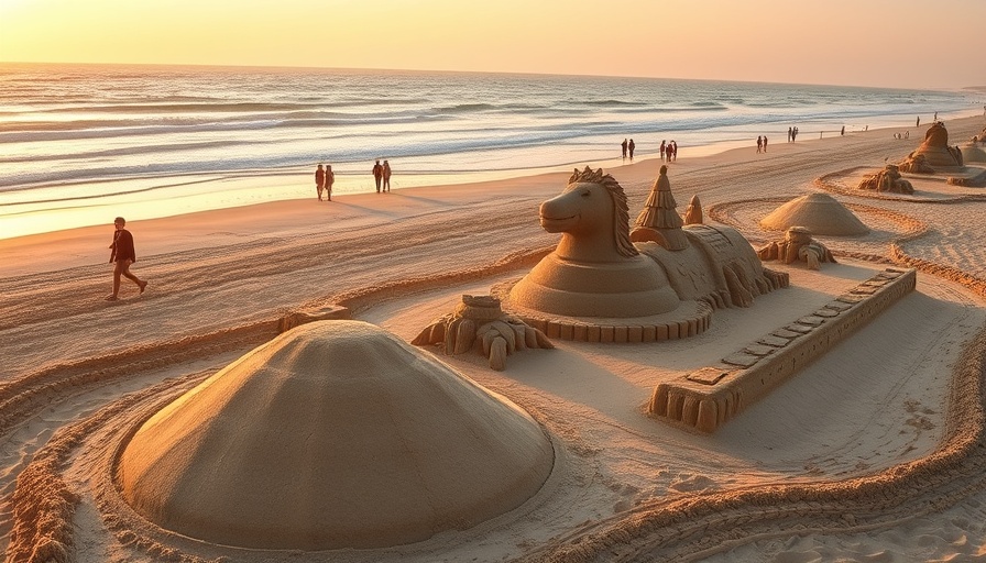 Pismo Beach Sand Art Festival with sculptures at sunset.
