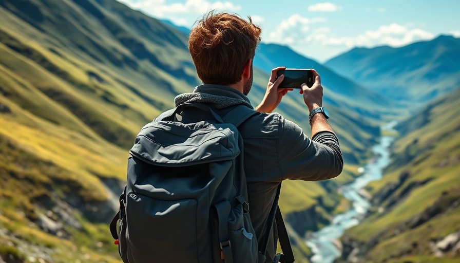 Travel on budget: backpacker taking photos of mountain landscape.