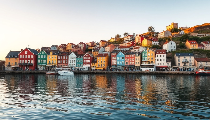 Charming coastal town at sunrise with colorful houses reflecting on calm water.