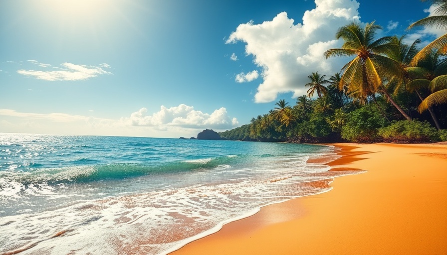 Tropical beach with lush greenery, inviting a serene escape.
