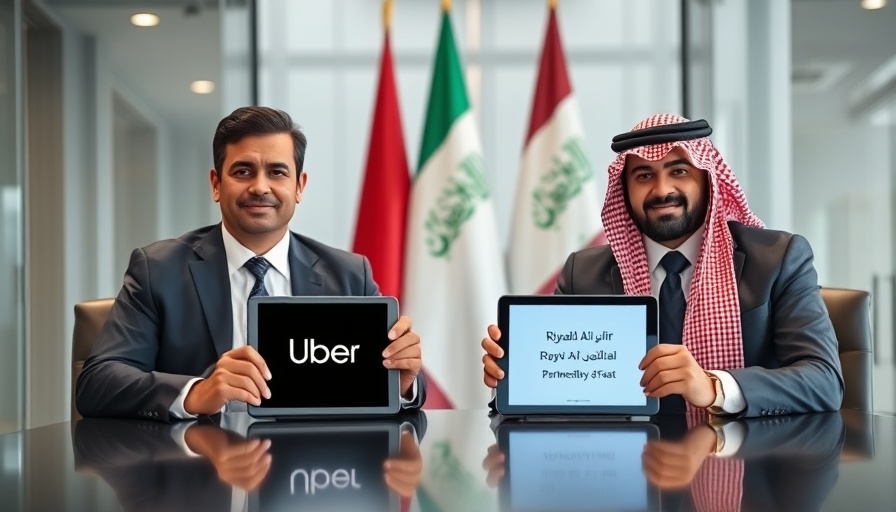 Business executives with tablets showing Uber and Riyadh Air logos in partnership setting.