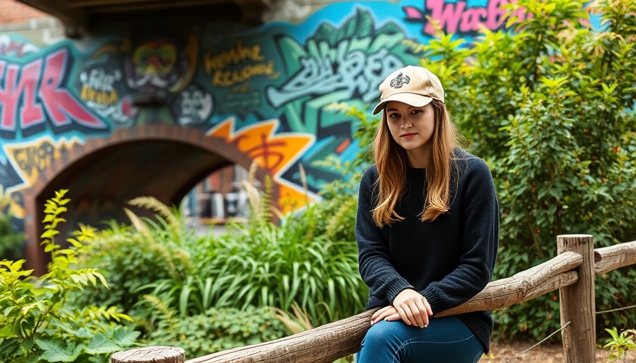 Woman under a mural bridge contemplating travel destination.