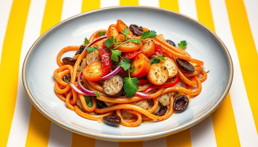Vibrant plate of gourmet food for €1 on striped background.