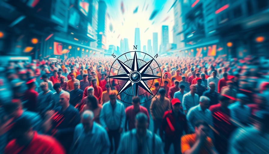 Vibrant abstract crowd and compass design, green global travel theme.