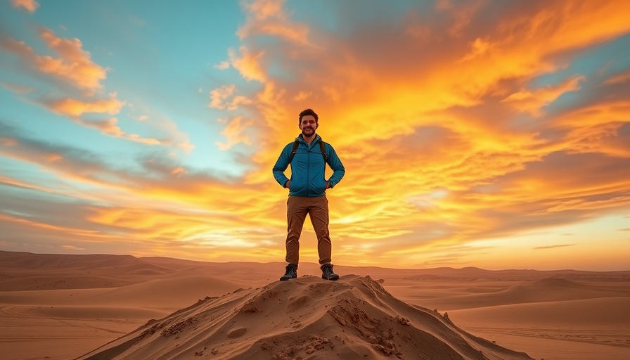 Runner at Eye of the Sahara Ultra Marathon stands in desert sunset.