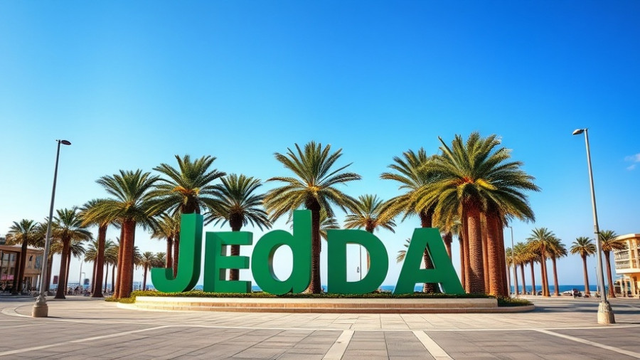 Jeddah sign with palm trees near sea promenade, daylight.