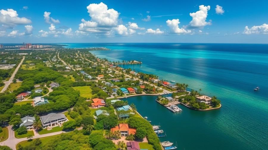 Budget Boca Raton travel aerial view of coastline and homes.