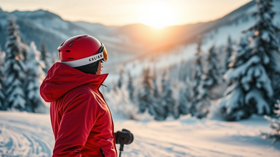 Skier in red jacket on snowy slope at sunrise near Malaysia.