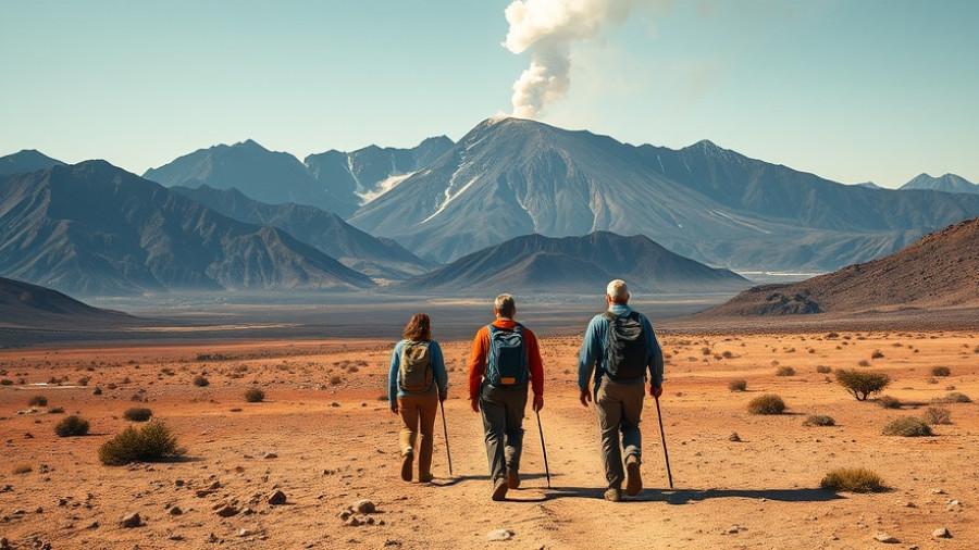 Hikers approaching Icelandic volcanic landscape.