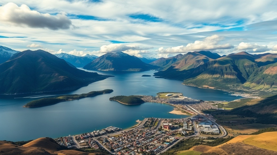 Aerial view of Queenstown's scenic lakeside and mountainous terrain.