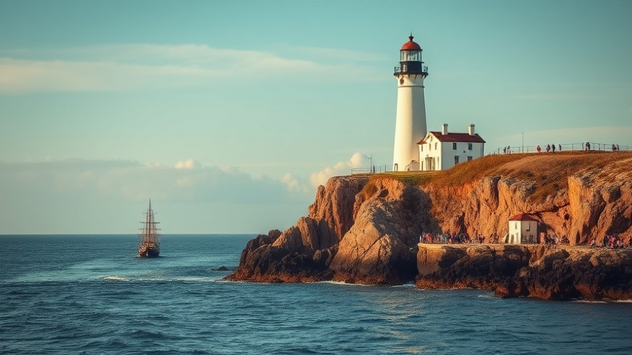 Scenic lighthouse and tall ship on Nova Scotia Chowder Trail.