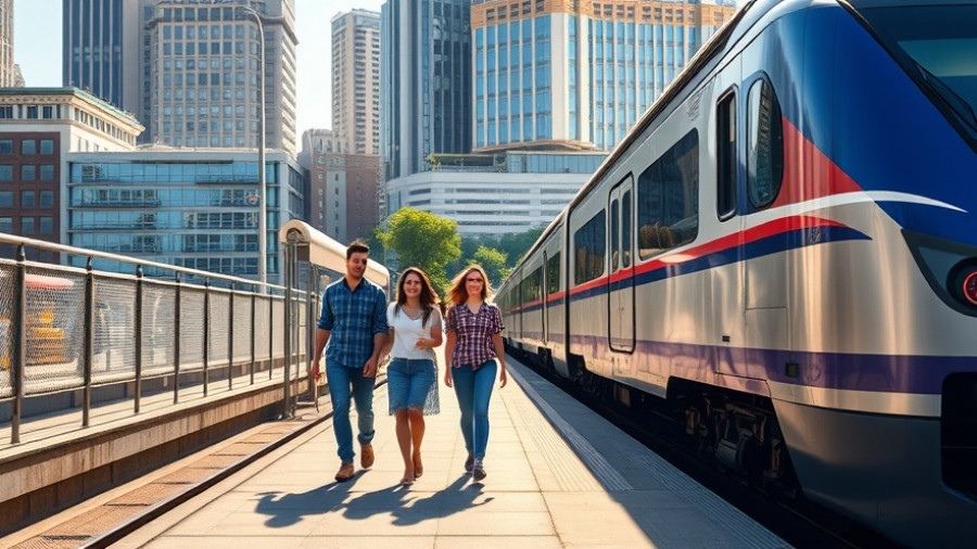 Family walking on train platform next to blue and silver train, travel news