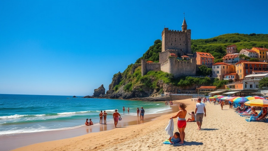 Sunny beach scene with castle and village - how to choose travel destination.