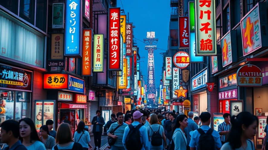 Colorful Japanese street scene with neon lights, lively atmosphere.