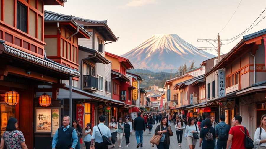 Travelers exploring vibrant street with Mt. Fuji backdrop, choosing a travel destination.