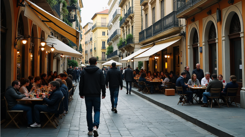 Bustling European street showcasing responsible tourism practices amid classic architecture.