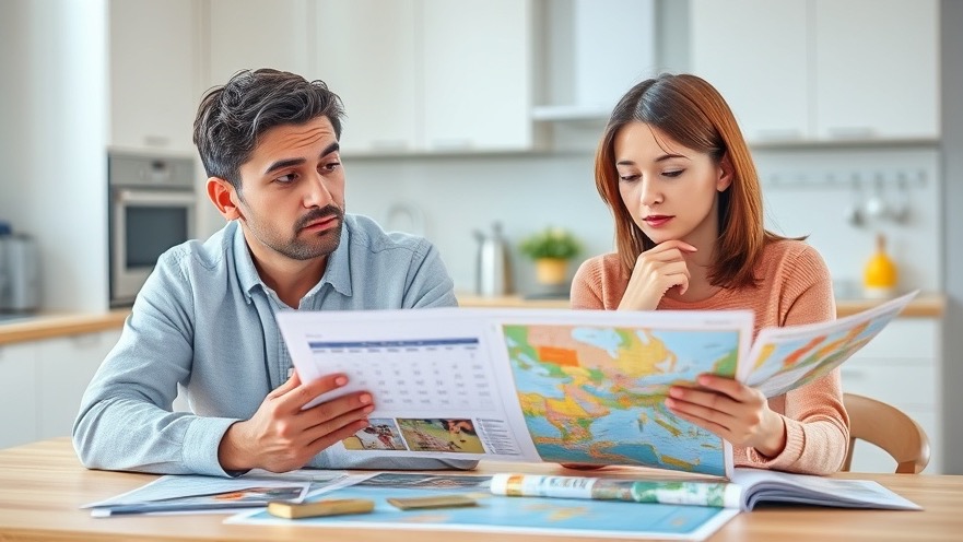 Thoughtful parents planning family travel adventures with maps and brochures.